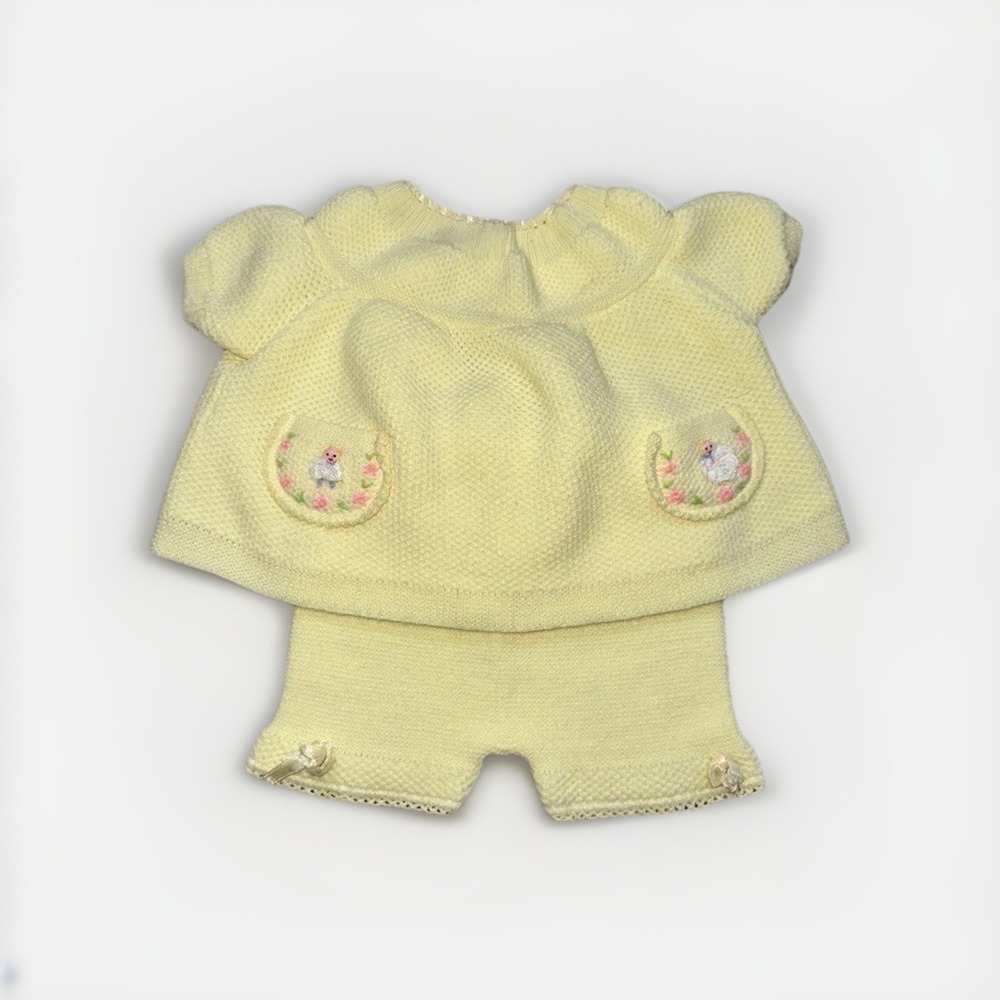 Vintage A Little Angel 2-Piece Yellow‎ Embroidered Knit Outfit Size 0-3 Months